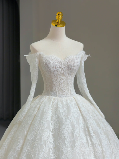 Unique Bridal Gown Ball Gown Off The Shoulder Lace Long Sleeves White 50s Wedding Dresses Vintage Bridal Gowns DH1137