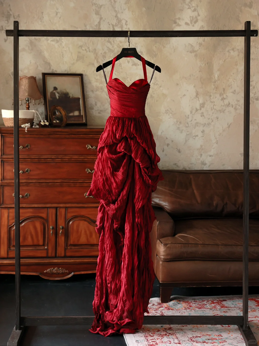 Elegant Sheath Halter Wine Red Satin Long Prom Dresses Party Dress Summer 20th Birthday Outfits 18th Birthday Dresses DH1139