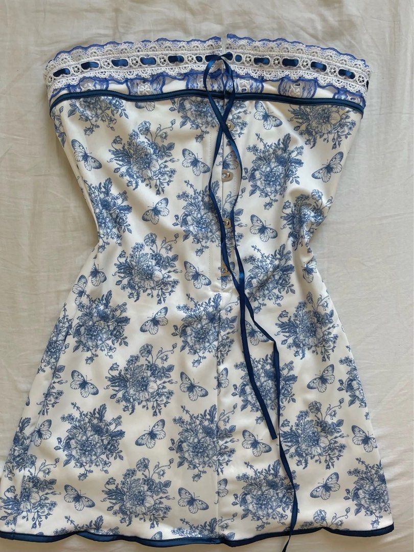 Cute A line Strapless Blue Floral Short Formal 8th Grade Homecoming Dresses Summer Middle School Hoco Dress Homecoming Outfits DH114