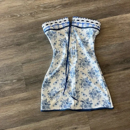 Cute A line Strapless Blue Floral Short Formal 8th Grade Homecoming Dresses Summer Middle School Hoco Dress Homecoming Outfits DH114