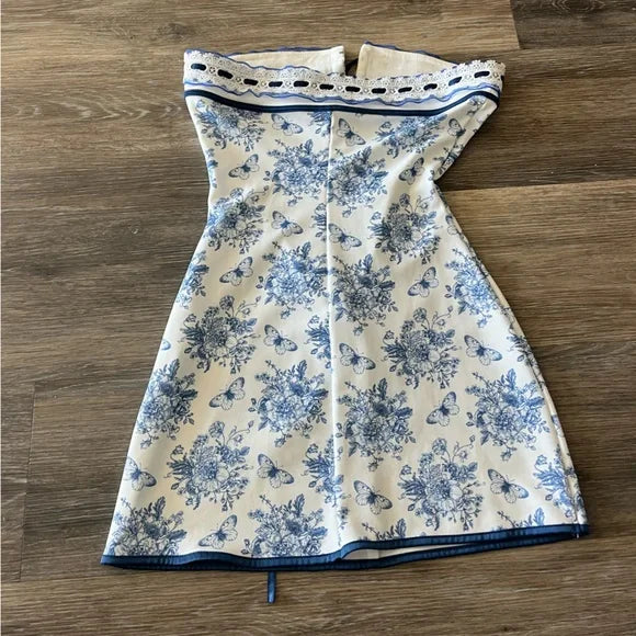 Cute A line Strapless Blue Floral Short Formal 8th Grade Homecoming Dresses Summer Middle School Hoco Dress Homecoming Outfits DH114