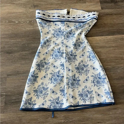 Cute A line Strapless Blue Floral Short Formal 8th Grade Homecoming Dresses Summer Middle School Hoco Dress Homecoming Outfits DH114
