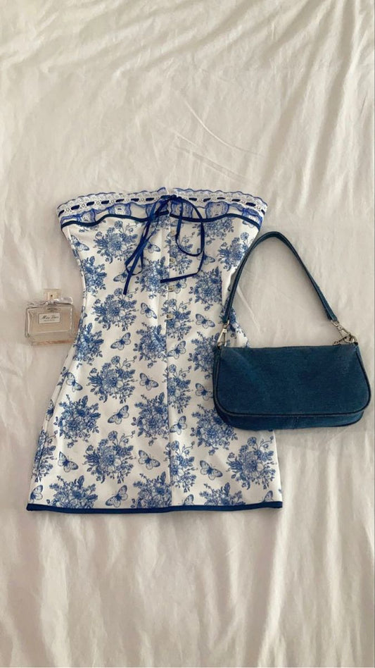 Cute A line Strapless Blue Floral Short Formal 8th Grade Homecoming Dresses Summer Middle School Hoco Dress Homecoming Outfits DH114
