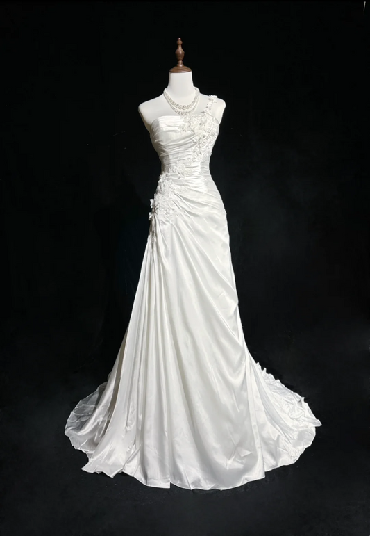 Robe de mariée classique et élégante, style sirène, asymétrique, longue, en satin blanc, style années 70, robes de mariée vintage, DH1147