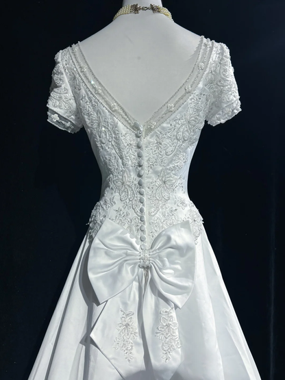 Robe de mariée classique et élégante, coupe trapèze, col en V, longue, en satin blanc, style années 70, robes de mariée vintage, DH1149