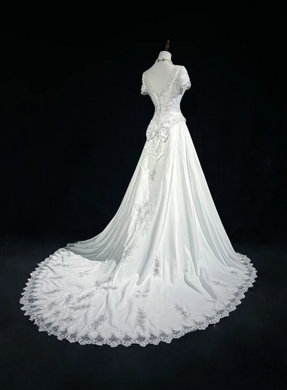 Robe de mariée classique et élégante, coupe trapèze, col en V, longue, en satin blanc, style années 70, robes de mariée vintage, DH1149