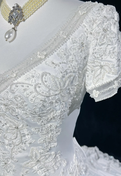 Robe de mariée classique et élégante, coupe trapèze, col en V, longue, en satin blanc, style années 70, robes de mariée vintage, DH1149