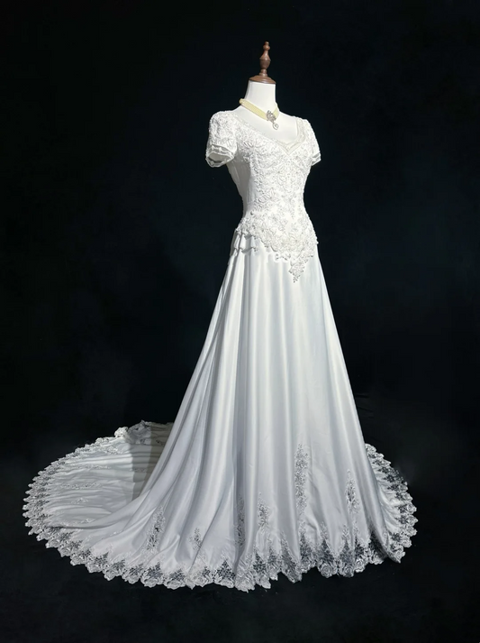 Robe de mariée classique et élégante, coupe trapèze, col en V, longue, en satin blanc, style années 70, robes de mariée vintage, DH1149