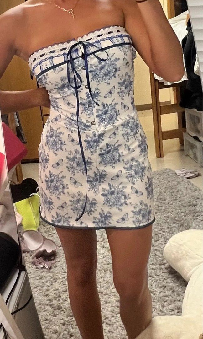 Cute A line Strapless Blue Floral Short Formal 8th Grade Homecoming Dresses Summer Middle School Hoco Dress Homecoming Outfits DH114