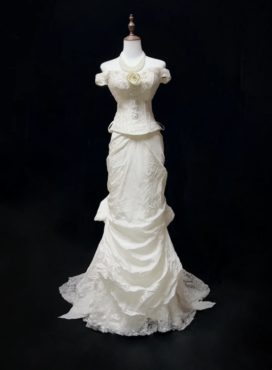 Robe de mariée classique et élégante, style sirène, épaules dénudées, manches courtes, dentelle ivoire, style années 80, robes de mariée vintage DH1151