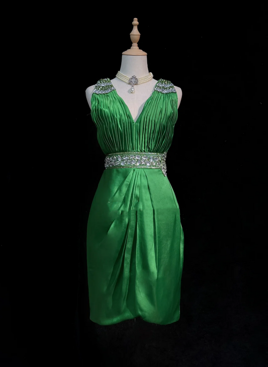 Robe fourreau vintage en satin vert, col en V, courte, formelle, pour le bal de fin d'année, pour le collège, tenue d'été pour le 20e anniversaire, DH1155