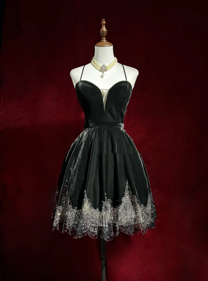 Vintage A line Spaghetti Straps Black Velvet Mini Short Formal 8th Grade Homecoming Dresses Summer Middle School Hoco Dress 20th Birthday Outfits DH1161