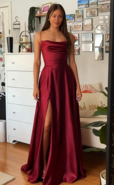 Elegant A line Spaghetti Straps Burgundy Backless Long Prom Dresses Party Dress Summer 20th Birthday Outfits 18th Birthday Dress Inspo For Teens DH120