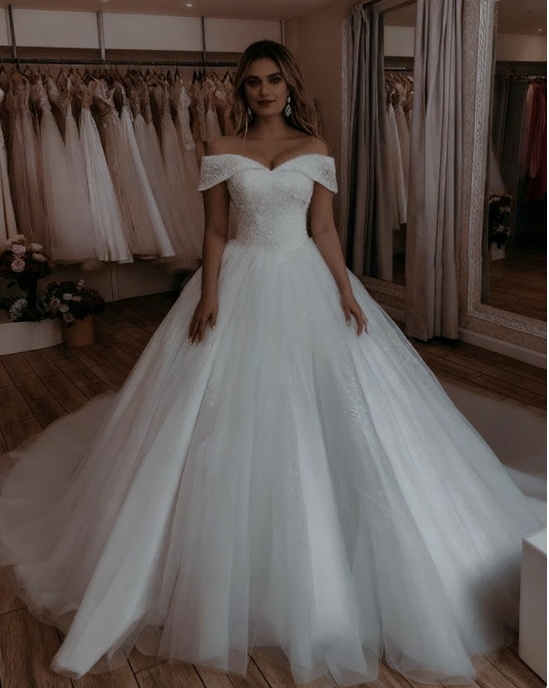 Unique Bridal Gown Ball Gown Off The Shoulder Tulle Short Sleeves White Wedding Dresses Vintage Bridal Gowns DH1213