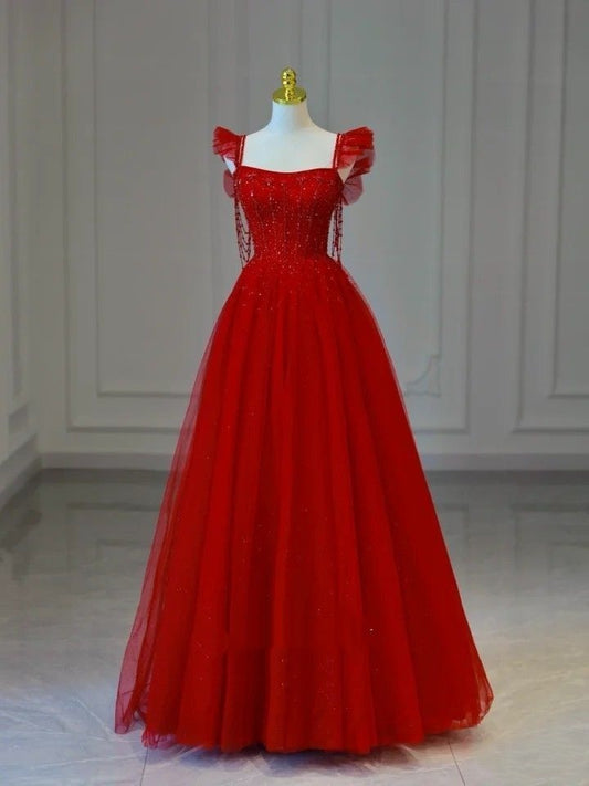 Elegant A line Spaghetti Straps Red Long Prom Dresses Party Dress Summer 20th Birthday Outfits 18th Birthday Dress Inspo For Teens DH122