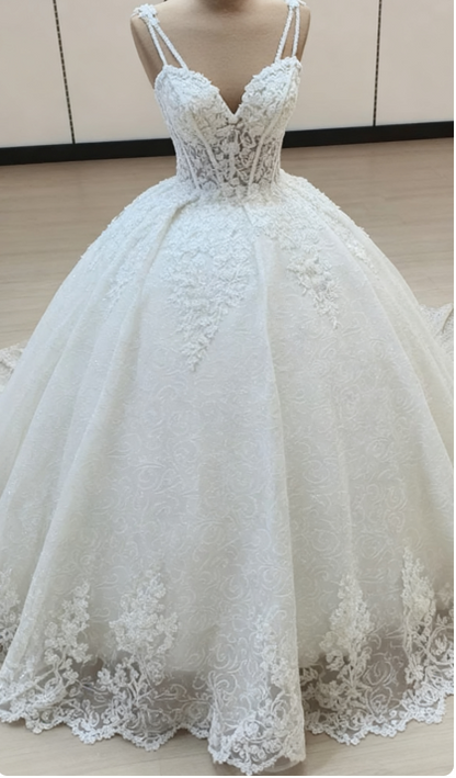 Classic Wedding Dress Ball Gown Spaghetti Straps White Lace Wedding Dresses Dreamy Bridal Gowns DH1227