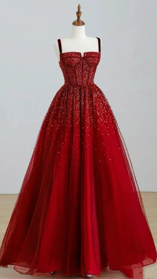Elegant Ball Gown Spaghetti Straps Wine Red Long Prom Dresses Party Dress Summer 20th Birthday Outfits 18th Birthday Dress Inspo For Teens DH123