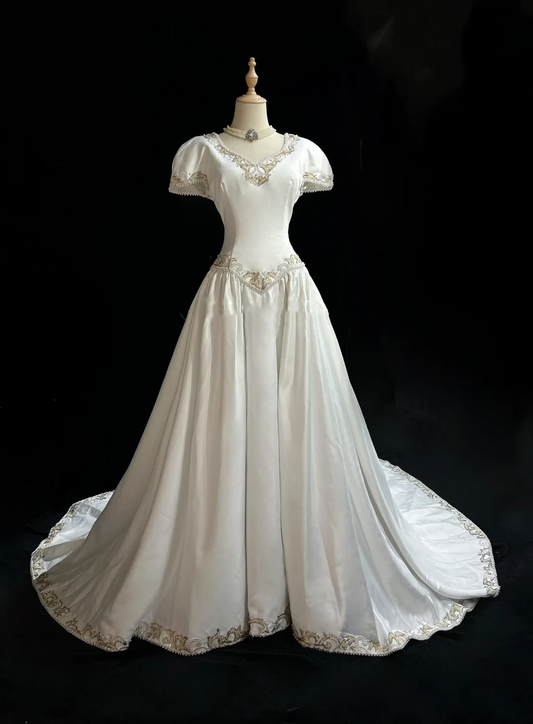 Robe de mariée classique, robe de bal, col en V, satin blanc, longue, style années 70, robe de mariée vintage, robes de mariée DH1260