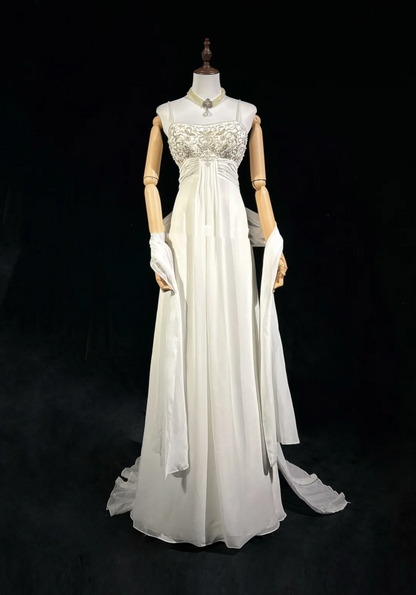 Unique Bridal Dress A line Spaghetti Straps White 90s Chiffon Wedding Dresses Vintage Bride Dress Bridal Gowns DH1262
