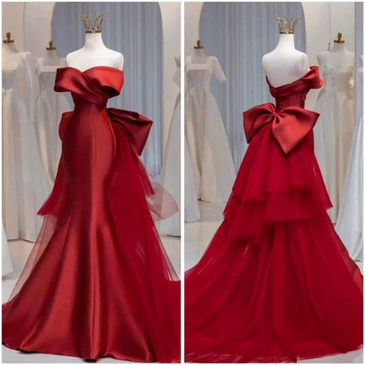 Elegant Mermaid Off The Shoulder Red Long Prom Dresses Party Dress Summer 20th Birthday Outfits 18th Birthday Dress Inspo For Teens DH127