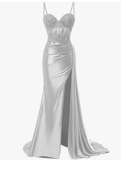 Elegant Mermaid Spaghetti Straps Green Satin Long Prom Dresses Party Dress Summer 20th Birthday Outfits 18th Birthday Dresses DH1278