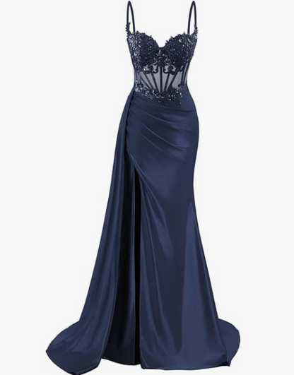 Elegant Mermaid Spaghetti Straps Pink Slit Satin Long Prom Dresses Party Dress Summer 20th Birthday Outfits 18th Birthday Dresses DH1280