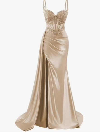 Elegant Mermaid Spaghetti Straps Pink Slit Satin Long Prom Dresses Party Dress Summer 20th Birthday Outfits 18th Birthday Dresses DH1280