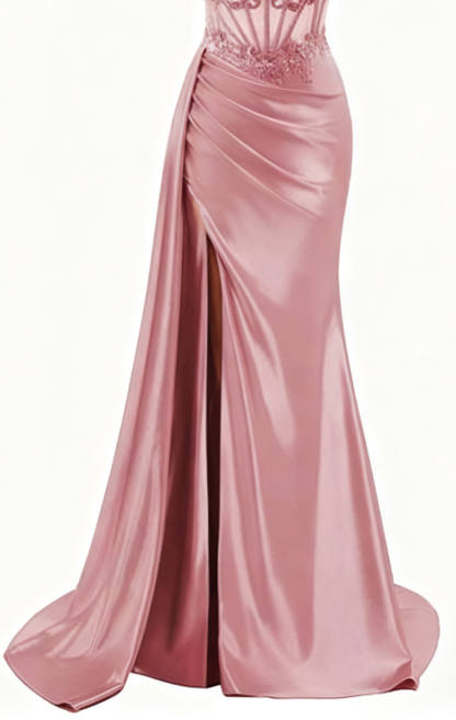 Elegant Mermaid Spaghetti Straps Pink Slit Satin Long Prom Dresses Party Dress Summer 20th Birthday Outfits 18th Birthday Dresses DH1280