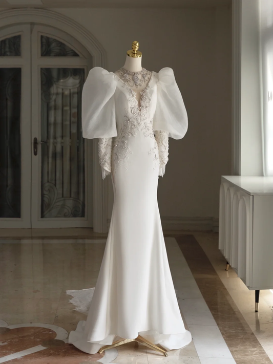 Retro Bridal Dress Mermaid V Neck Long Sleeves Satin Wedding Dress With Lace Wedding Dresses Modest Wedding Gowns DH1294