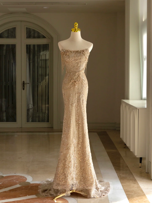 Sexy Mermaid Strapless Gold Sequin Long Prom Dresses Party Dress 20th Birthday Outfits Graduation Dresses DH1300