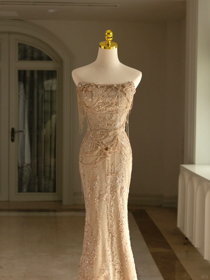 Sexy Mermaid Strapless Gold Sequin Long Prom Dresses Party Dress 20th Birthday Outfits Graduation Dresses DH1300