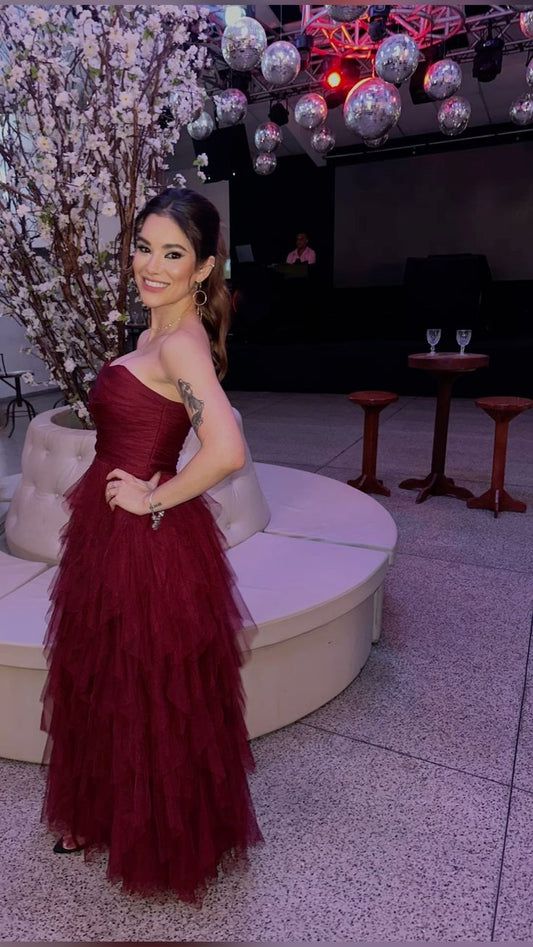 Classy A line Strapless Burgundy Long Tulle Formal Prom Gown Summer Wedding Guest Dress Bridal Guest Dresses Wedding Outfits For Guest DH131