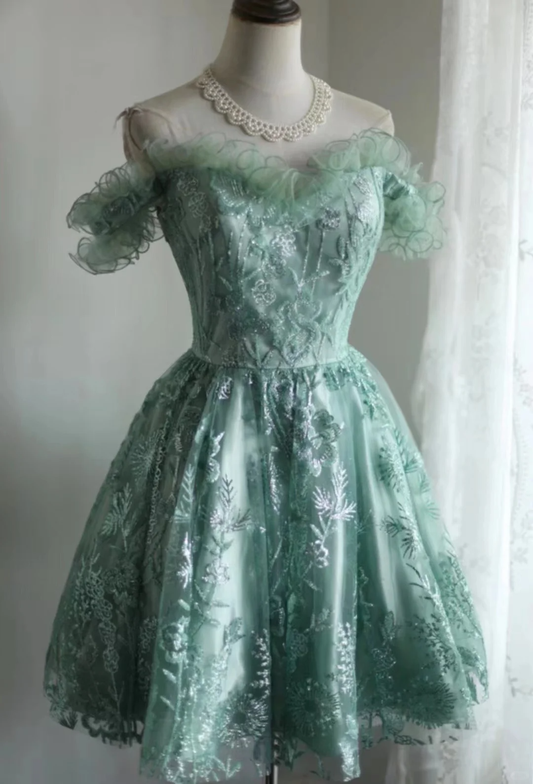 Vintage Ball Gown Off The Shoulder Green Lace Mini Short Formal 8th Grade Homecoming Dresses Summer Middle School Hoco Dress 20th Birthday Outfits DH1315