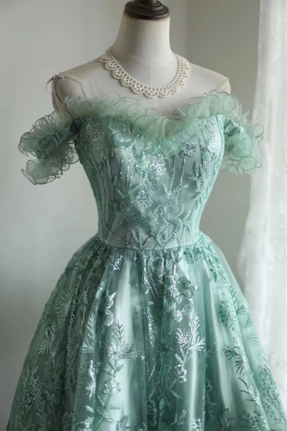 Vintage Ball Gown Off The Shoulder Green Lace Mini Short Formal 8th Grade Homecoming Dresses Summer Middle School Hoco Dress 20th Birthday Outfits DH1315