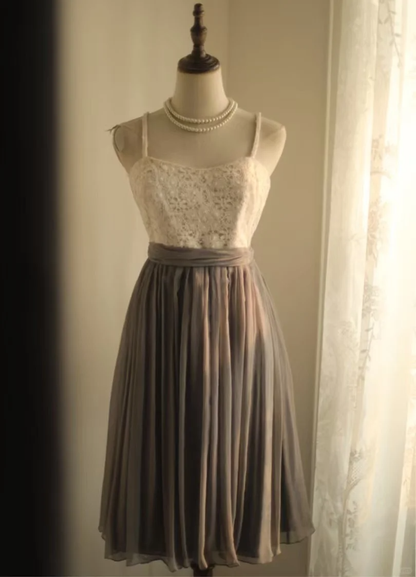 Retro A line Spaghetti Straps Gray Chiffon Mini Short Formal 8th Grade Homecoming Dresses Summer Middle School Short Prom Dress 16th Birthday Outfits DH1316