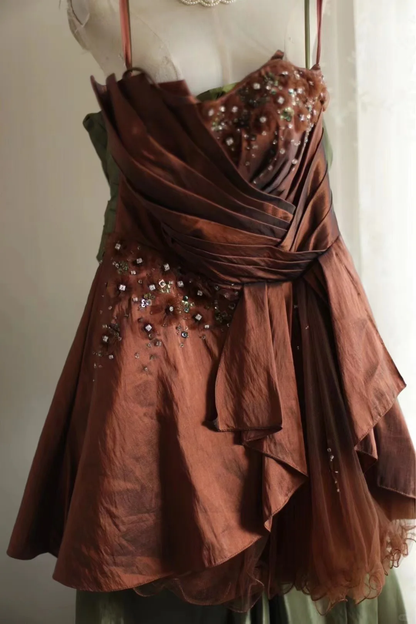 Retro A line Spaghetti Straps Brown Taffeta Mini Short Formal 8th Grade Homecoming Dresses Middle School Short Prom Dress Hoco Outfits DH1317