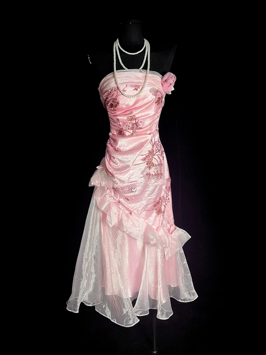 Unique Sheath Strapless Pink Tea Length Formal 7th Grade Homecoming Dresses Middle School Mid Length Prom Dress Hoco Outfits DH1318