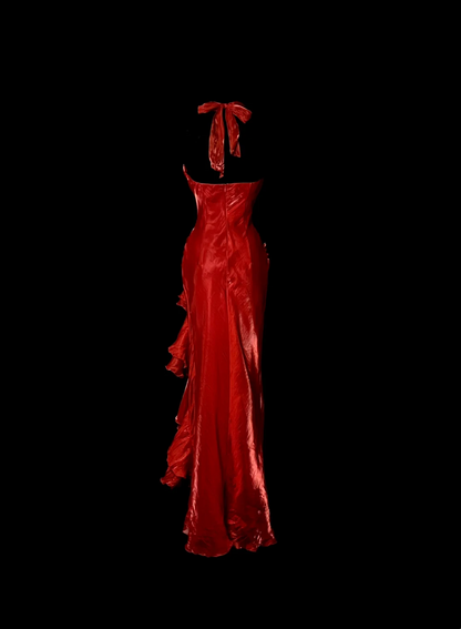 Elegant Sheath Halter Red Satin Long Prom Dresses Party Dress Summer 20th Birthday Outfits 18th Birthday Dresses DH1325