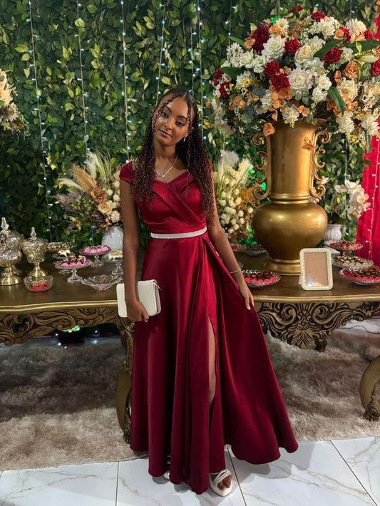 Classy A line Off The Shoulder Satin Burgundy Long Formal Prom Gown Summer Wedding Guest Dress Bridal Guest Dresses Wedding Outfits For Guest DH133