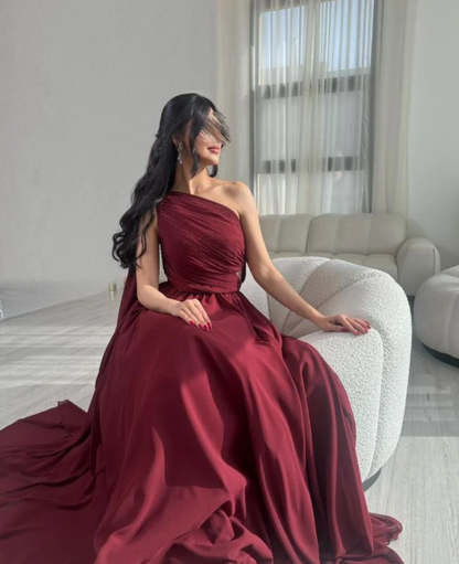 Classy A line One Shoulder Burgundy Long Formal Prom Gown Summer Wedding Guest Dress Bridal Guest Dresses Wedding Outfits For Guest DH139