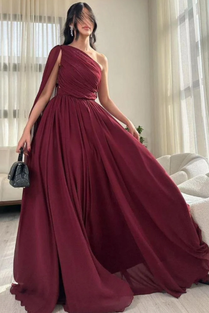 Classy A line One Shoulder Burgundy Long Formal Prom Gown Summer Wedding Guest Dress Bridal Guest Dresses Wedding Outfits For Guest DH139