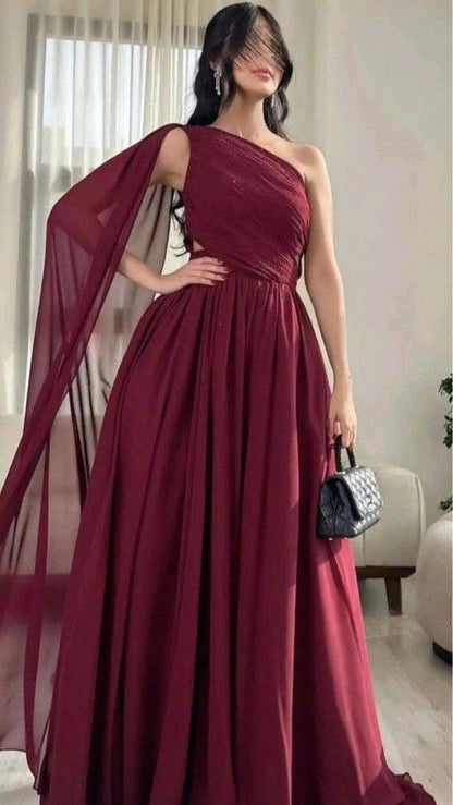 Classy A line One Shoulder Burgundy Long Formal Prom Gown Summer Wedding Guest Dress Bridal Guest Dresses Wedding Outfits For Guest DH139