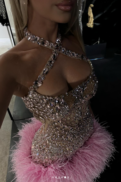 Trendy Sheath Halter Pink Beads Feathers Sequin Mini Short Formal 8th Grade Homecoming Dresses Middle School Short Prom Dress Hoco Outfits DH1406