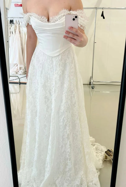 Princess Bridal Dress Mermaid Off The Shoulder Lace Wedding Dress With Short Sleeves Wedding Dresses Modest Wedding Gowns DH1427