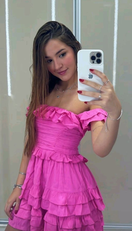 Cute A Line Off The Shoulder Pink Satin Formal 8th Grade Homecoming Dresses Summer Middle School Hoco Dress Homecoming Outfits DH144