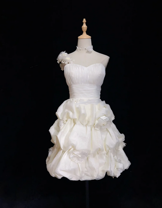 Unique Ball Gown One Shoulder White Organza Short Mini Formal 7th Grade Homecoming Dresses Middle School Short Cocktail Night Dress Hoco Outfits DH1441