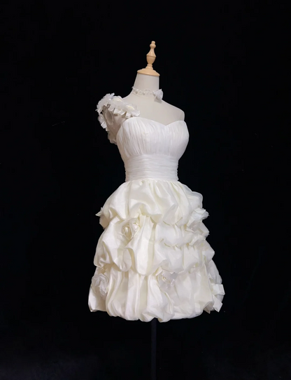 Unique Ball Gown One Shoulder White Organza Short Mini Formal 7th Grade Homecoming Dresses Middle School Short Cocktail Night Dress Hoco Outfits DH1441