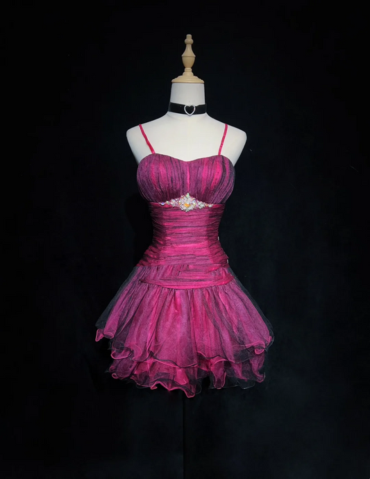 Unique Ball Gown Spaghetti Straps Pink Tulle Short Mini Formal 7th Grade Homecoming Dresses Middle School Short Cocktail Night Dress Hoco Outfits DH1443