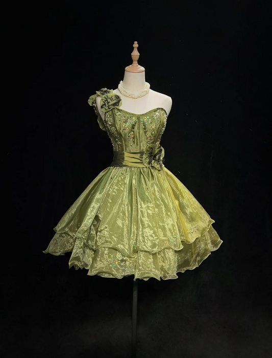 Cute Ball Gown One Shoulder Olive Green Organza Layers Formal 7th Grade Homecoming Dresses Middle School Short Prom Dress Cocktail Birthday Outfits DH1450