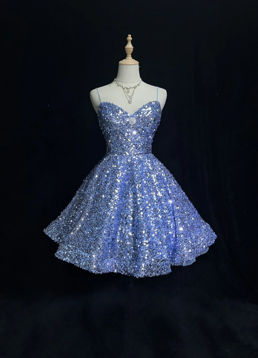 Cute Ball Gown Spaghetti Straps Blue Sequin Short Mini Formal 8th Grade Homecoming Dresses Middle School Cocktail Night Dress Hoco Outfits DH1452